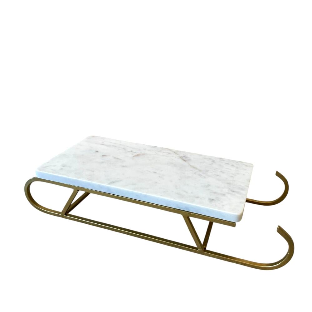 Marble Sledge Holiday Serving Tray 18x8 White & Gold Metal Handmade in India
